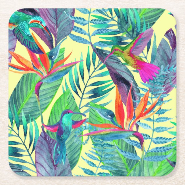 Watercolor Humminbirds In The Jungle 2 Square Paper Coaster (Front)