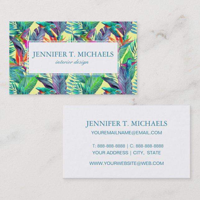 Watercolor Humminbirds In The Jungle | Monogram Business Card (Front/Back)