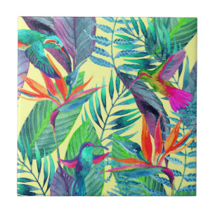 Watercolor Humminbirds In The Jungle Tile
