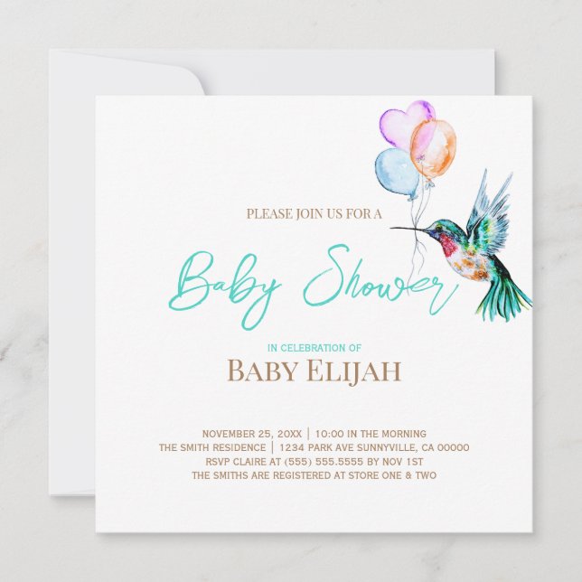 Watercolor Hummingbird and Balloons Baby Shower Invitation (Front)