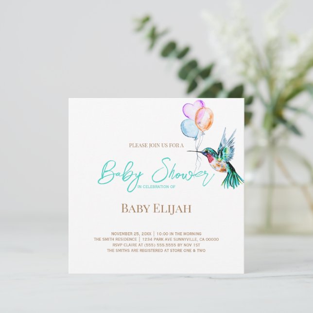 Watercolor Hummingbird and Balloons Baby Shower Invitation (Standing Front)