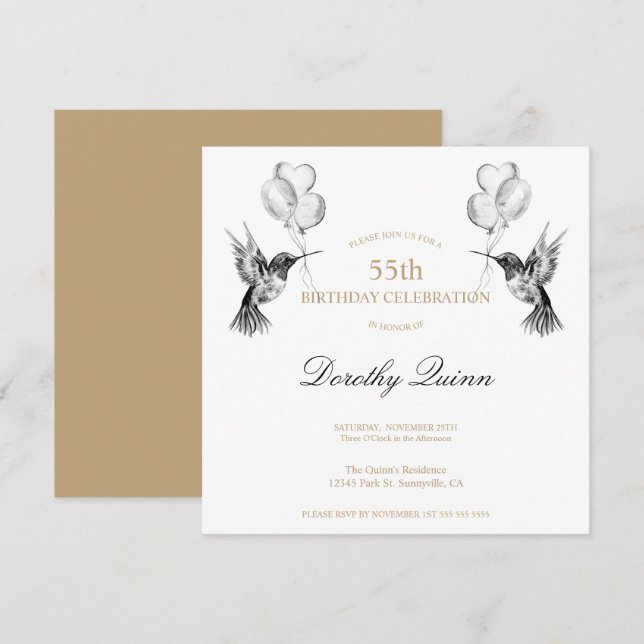 Watercolor Hummingbird and Balloons Birthday Invitation (Front/Back)