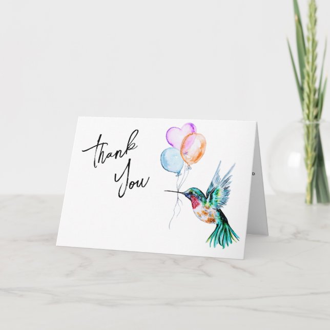 Watercolor Hummingbird and Balloons Thank You Card (Front)