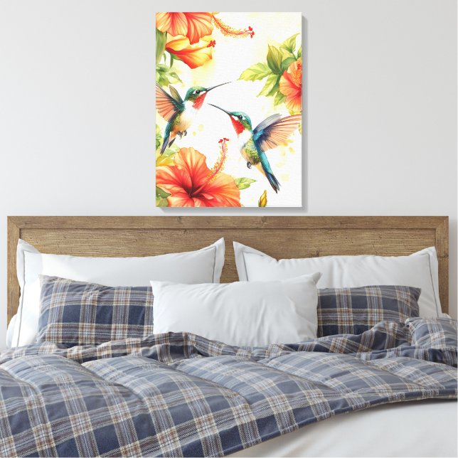 Watercolor Hummingbird and Flowers Design  Canvas Print (Insitu(Bedroom))
