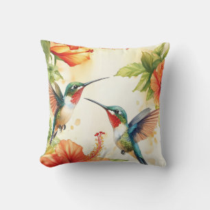 Watercolor Hummingbird and Flowers Design Cushion