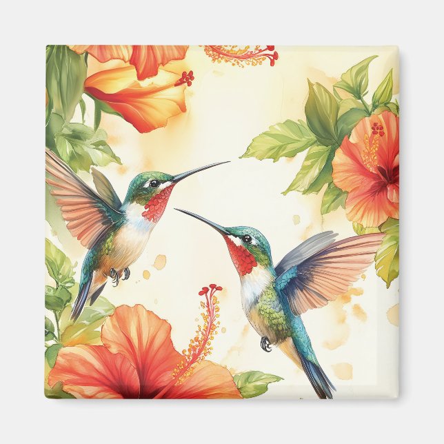 Watercolor Hummingbird and Flowers Design  Magnet (Front)