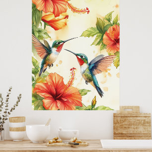 Watercolor Hummingbird and Flowers Design  Poster