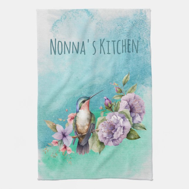 Watercolor Hummingbird and Flowers Personalised Tea Towel (Vertical)