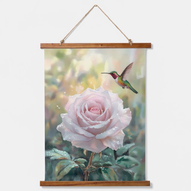 Watercolor Hummingbird and Pink Rose Hanging Tapestry (Front)