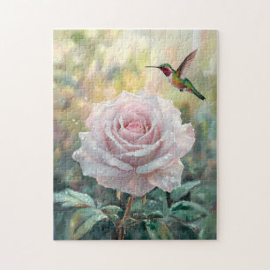 Watercolor Hummingbird and Pink Rose Jigsaw Puzzle