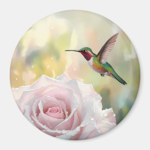 Watercolor Hummingbird and Pink Rose Magnet