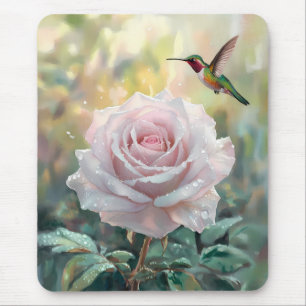 Watercolor Hummingbird and Pink Rose Mouse Mat