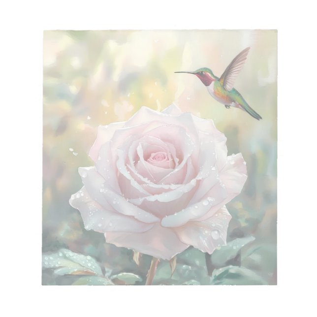 Watercolor Hummingbird and Pink Rose Notepad (Front)