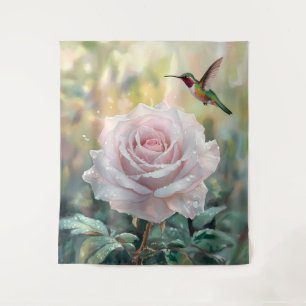 Watercolor Hummingbird and Pink Rose Tapestry