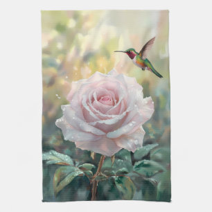 Watercolor Hummingbird and Pink Rose Tea Towel