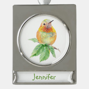 Watercolor Hummingbird Bird Nature art Custom Name Silver Plated Banner Ornament