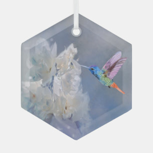 Watercolor Hummingbird Bird White Garden Flower Glass Tree Decoration