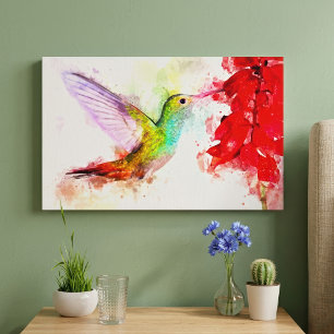 Watercolor Hummingbird Feeding on Red Flower Canvas Print