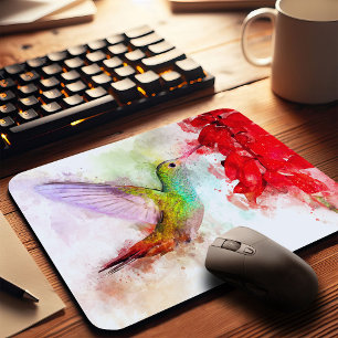 Watercolor Hummingbird Feeding on Red Flower Mouse Mat