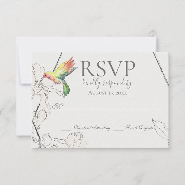 Watercolor Hummingbird Floral Geometric Wedding RSVP Card (Front)