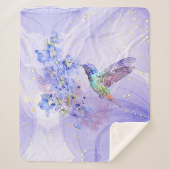 Watercolor Hummingbird Purple Blue Garden Flowers Sherpa Blanket (Front)