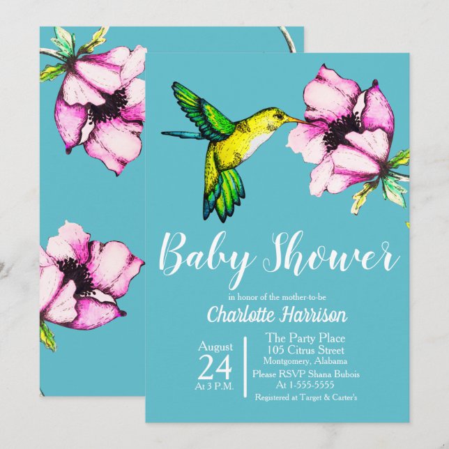 Watercolor Hummingbird & Purple Flower Baby Shower Invitation (Front/Back)