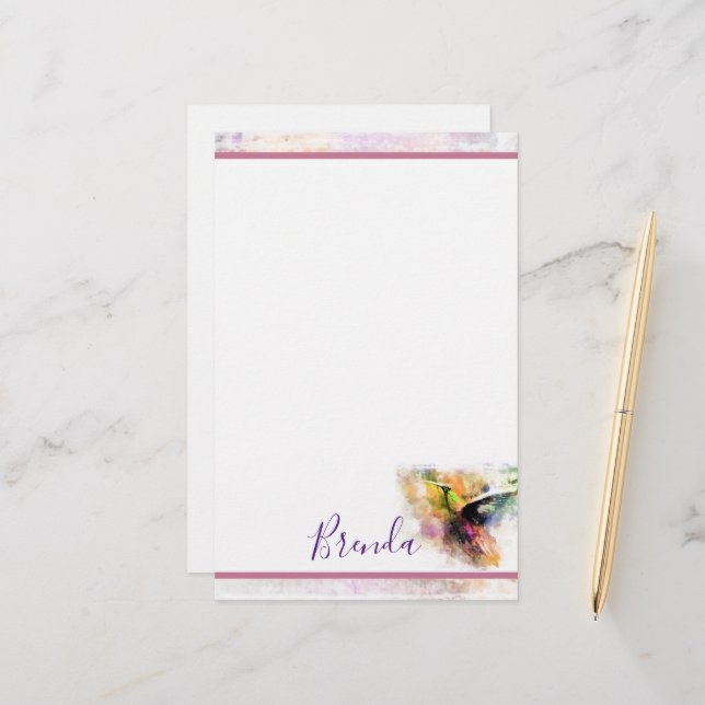 Watercolor hummingbird   stationery (Front/Back In Situ)