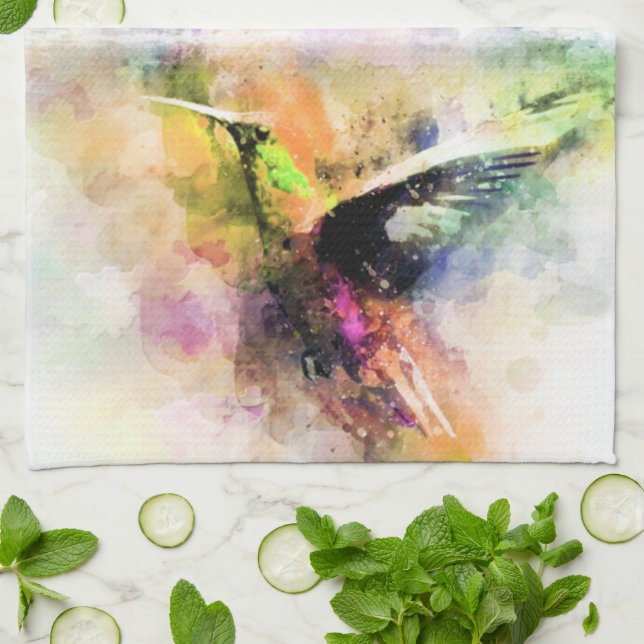 Watercolor hummingbird  tea towel (Folded)