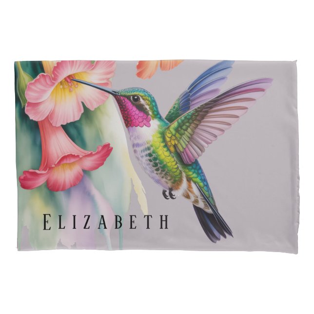 Watercolor Hummingbird with Florals Pillowcase (Front)