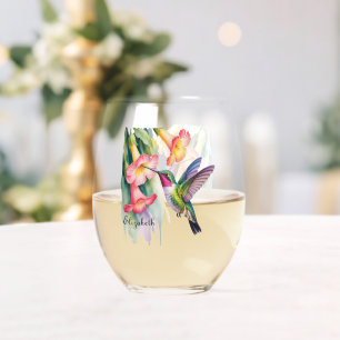 Watercolor Hummingbird with Florals Stemless Wine Glass