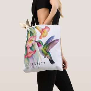 Watercolor Hummingbird with Florals Tote Bag