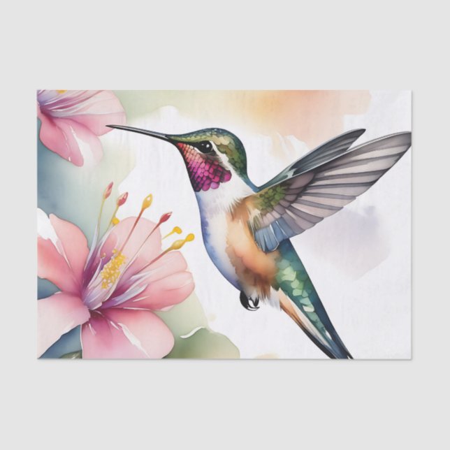 Watercolor Hummingbird With Pink Flowers Tissue Paper (Front)