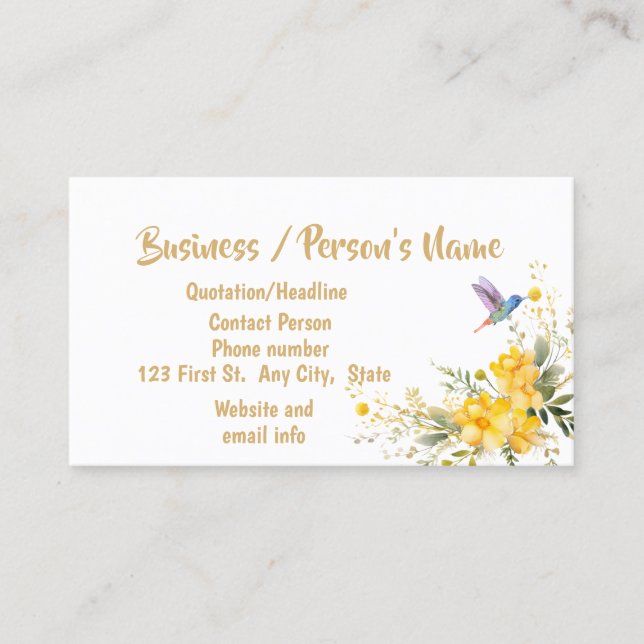 Watercolor Hummingbird Yellow Flowers Custom Business Card (Front)