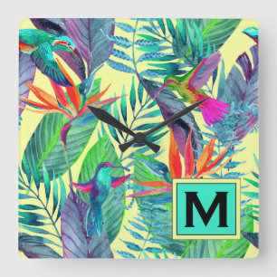 Watercolor Hummingbirds   Add Your Initial Square Wall Clock