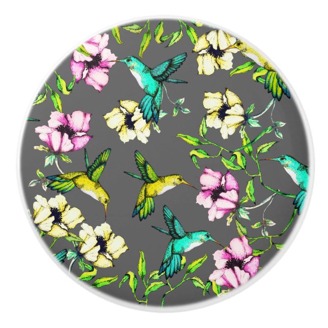 Watercolor Hummingbirds & Flowers Ceramic Knob (Front)