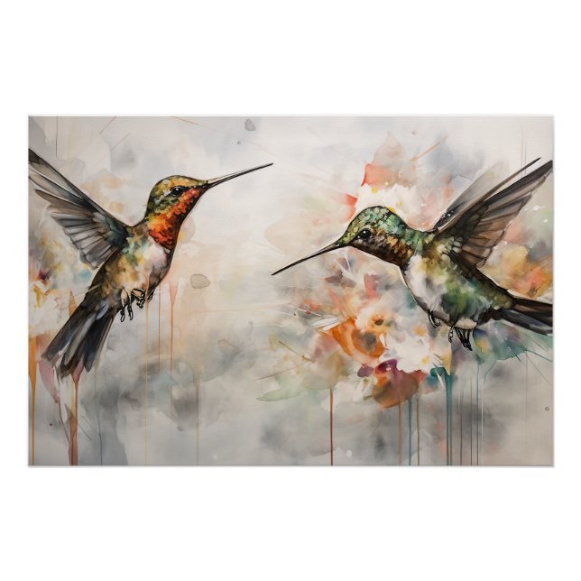 Watercolor Hummingbirds in Flight Poster (Front)
