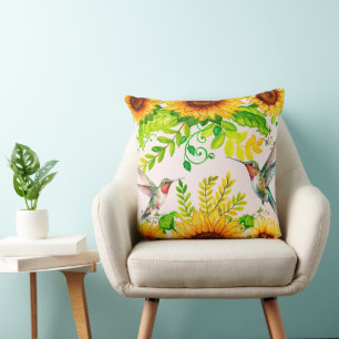 Watercolor Hummingbirds Sunflowers Floral Garden Cushion
