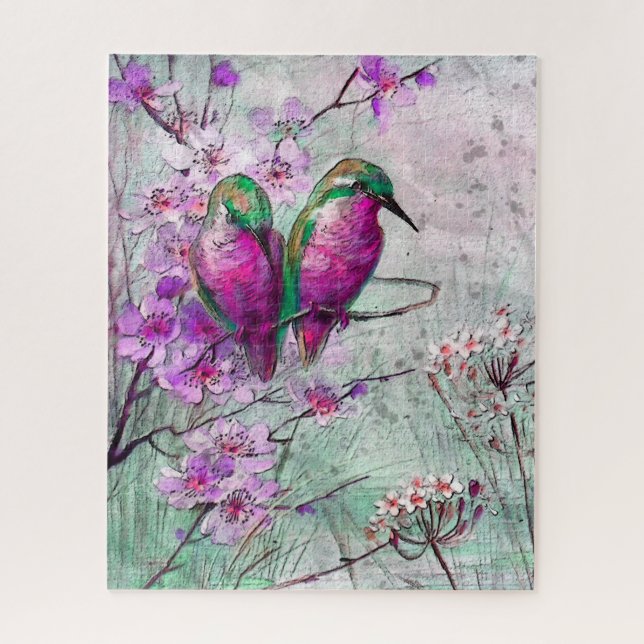 Watercolor Hummingbirds with Pink Spring Flowers Jigsaw Puzzle (Vertical)