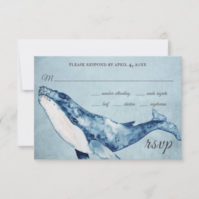 Watercolor Humpback Whale Nautical Beach Wedding RSVP Card (Front)