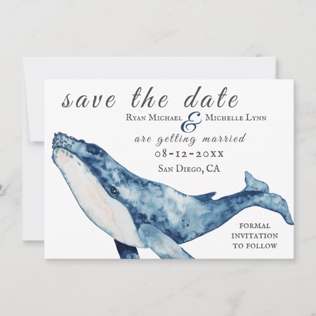 Watercolor Humpback Whale Nautical Beach Wedding Save The Date (Front)