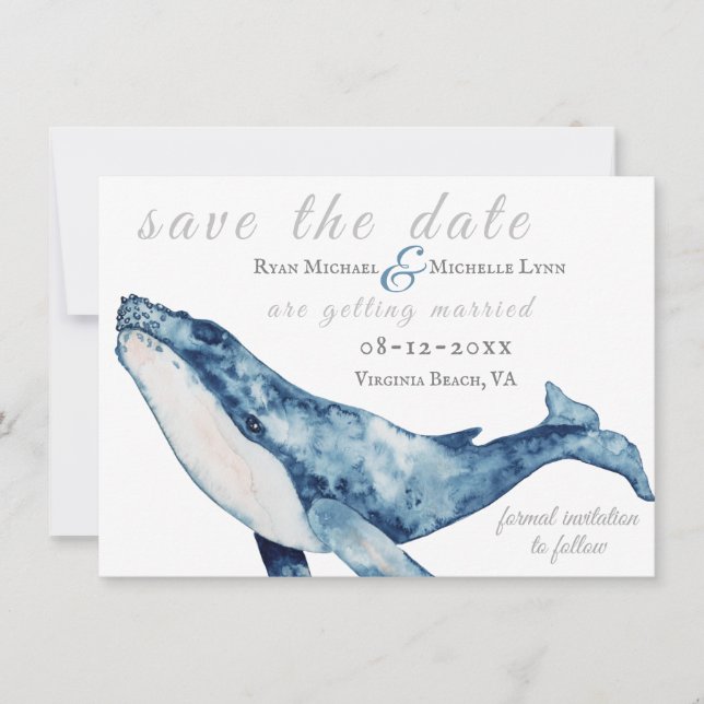 Watercolor Humpback Whale Nautical Beach Wedding Save The Date (Front)