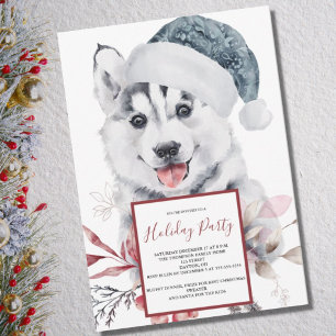 Watercolor Husky Dog Holiday Party Invitation