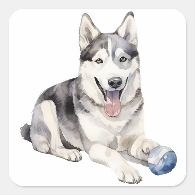 Watercolor Husky Dog Square Sticker (Front)