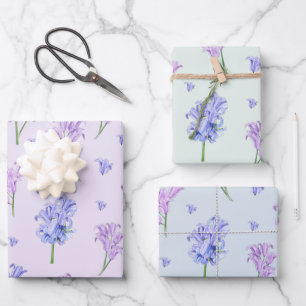 Watercolor Hyacinth Flower Purple and Blue Floral  Wrapping Paper Sheet
