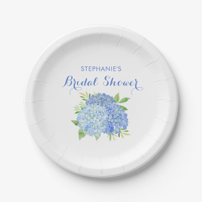 Watercolor Hydrangea Blue Floral Bridal Shower Paper Plate (Front)