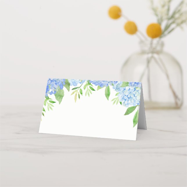 Watercolor Hydrangea Blue Floral Wedding Place Card (Front)