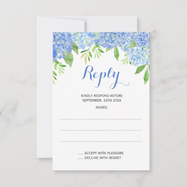 Watercolor Hydrangea Blue Floral Wedding RSVP Card (Front)