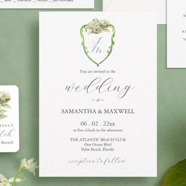 Watercolor Hydrangea Crest Wedding Invitations (Green hydrangea watercolor crest wedding invitation by Victoria Grigaliunas of Do Tell A Belle)