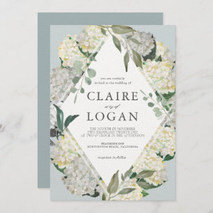 Watercolor Hydrangea Dusty Blue Rhonbus Wedding Invitation