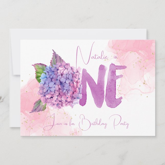 Watercolor hydrangea first Birthday Invitation (Front)